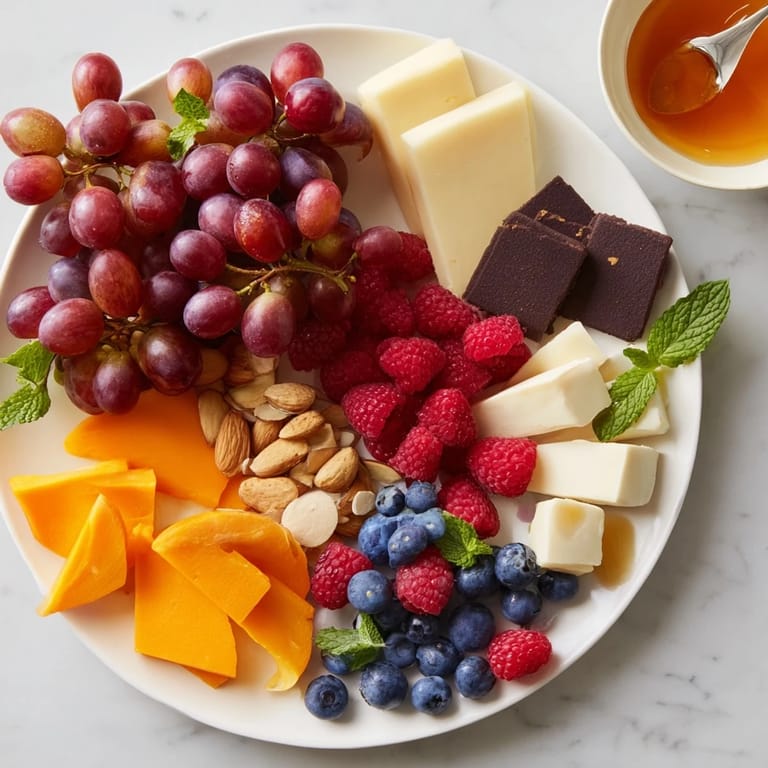 This Grapes of Fortune board presents a New Year's feast: grapes, cheeses, and decadent desserts.