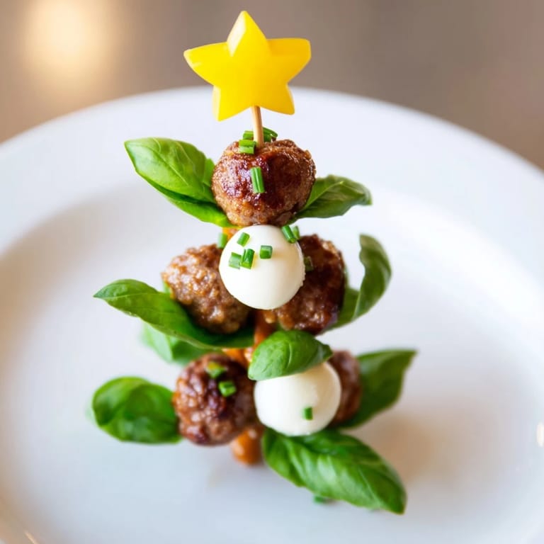 A platter of eye-catching mini meatball Christmas trees with colorful bell pepper stars and basil.