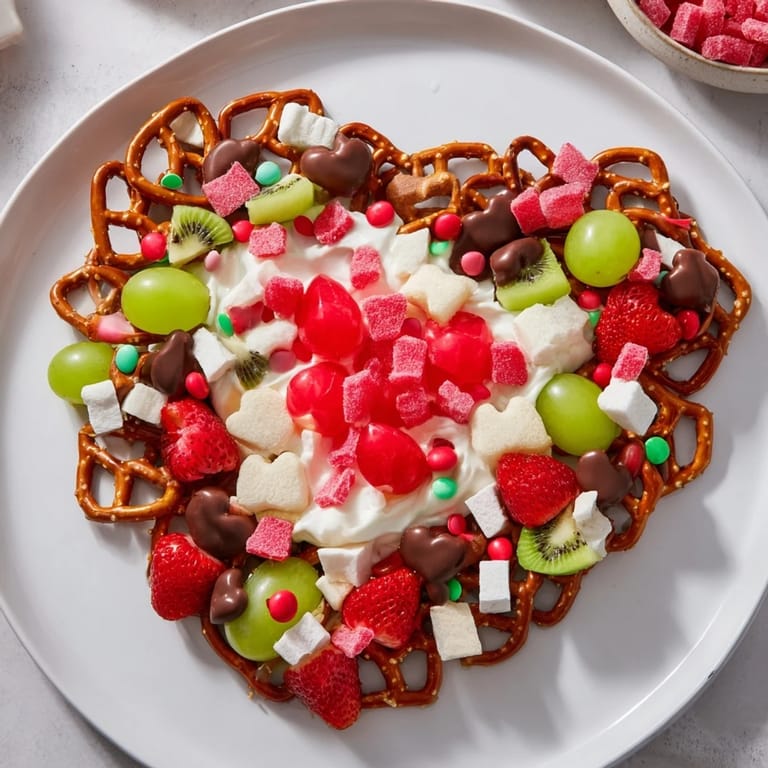 Bright, colorful arrangement: a Grinch's Heart Pretzel Board with sweet and salty holiday treats.