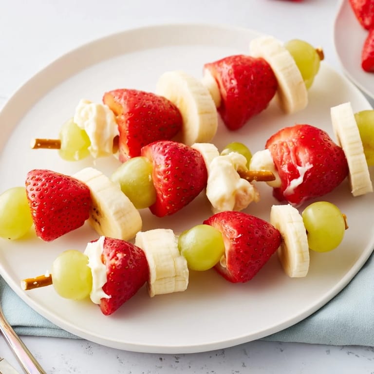 Close-up of healthy Elf Hat Strawberry Skewers, a delicious, easy snack for kids to enjoy.