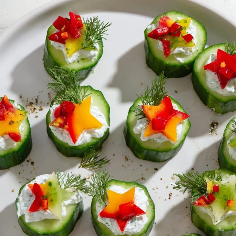 Bright, creamy Holiday Star Cucumber Bites with vibrant garnishes, perfect for a holiday party spread.