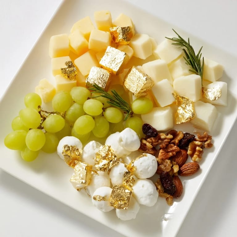 This stunning cheese cube board with gold and silver cheeses offers a delicious New Year's appetizer.