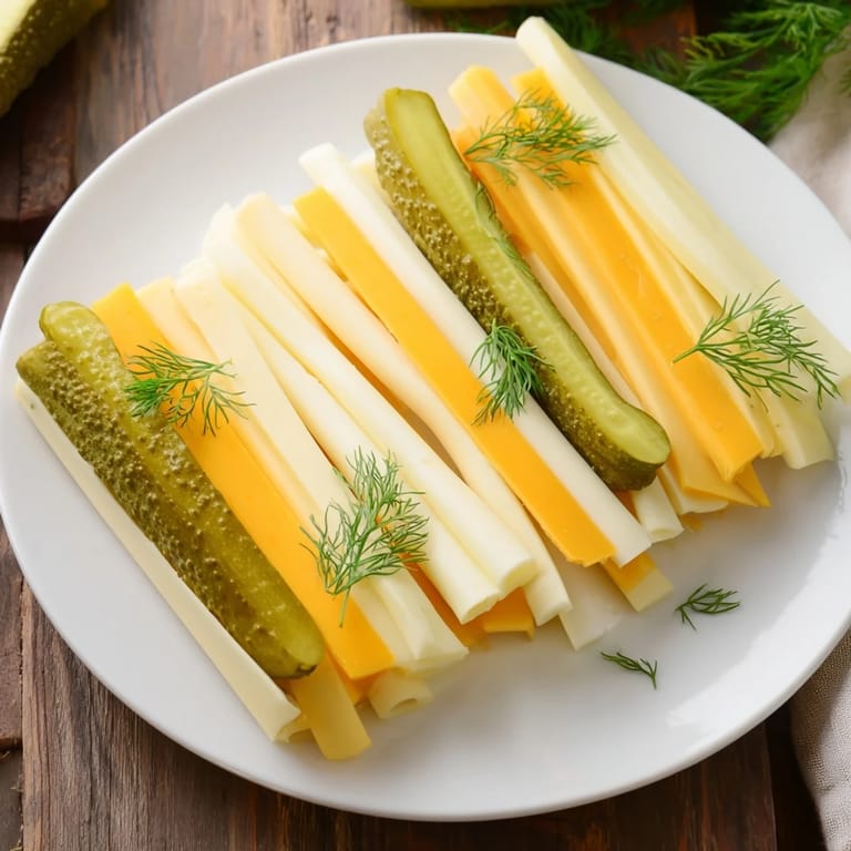 Arrangement of creamy sliced cheeses with bright green dill pickles makes a lovely Dill Pickles and Sliced Cheese appetizer.