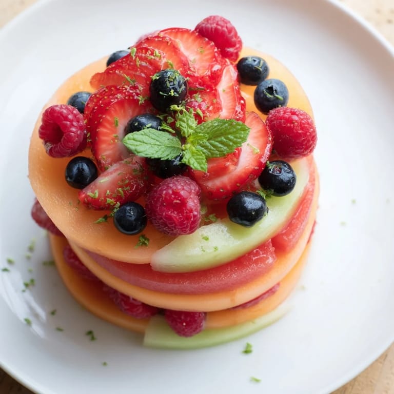 A visually stunning Fruit Platter: perfectly arranged melon and fresh berries are ready to serve and enjoy.