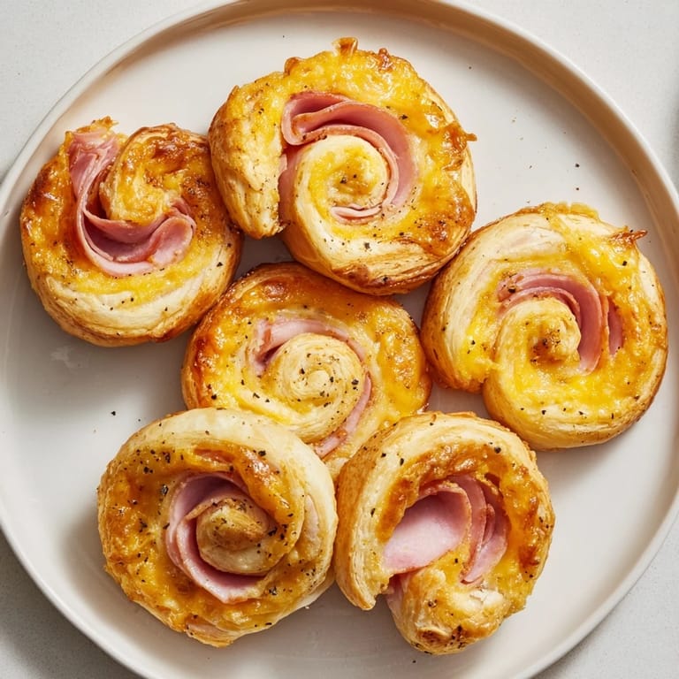 Warm, cheesy Savory Ham and Cheese Pinwheel Rolls, ideal snack with a soft, flavorful ham filling.