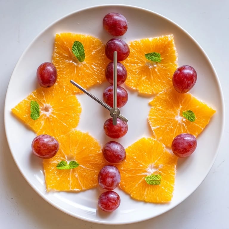 Vibrant arrangement of a Grape and Orange Slice Clock Face, perfect for a healthy brunch the whole family loves!