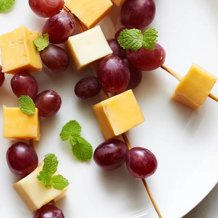 Close-up of cheese & grape skewers: cheddar, gouda, and red grapes beautifully arranged on a skewer.