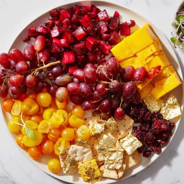 A stunning angle of a fresh Crimson & Gold Gala cheese board, ready to serve with crackers.