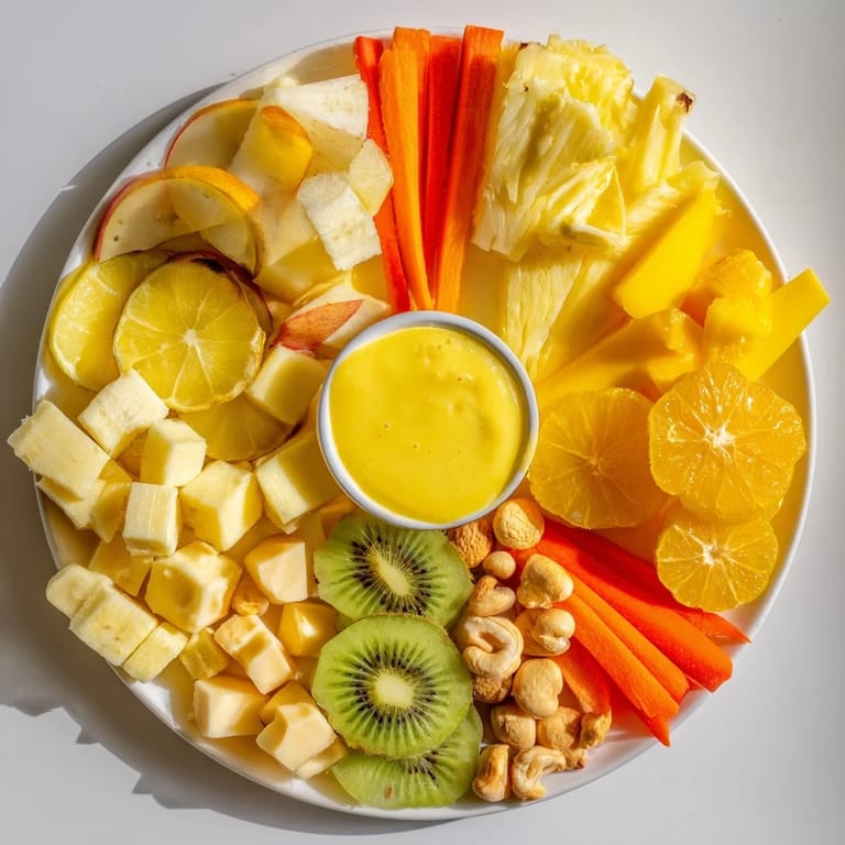 This beautifully arranged Sunny Yellow Citrus Burst boasts Gouda and cheddar alongside golden fruits, ready to be enjoyed.