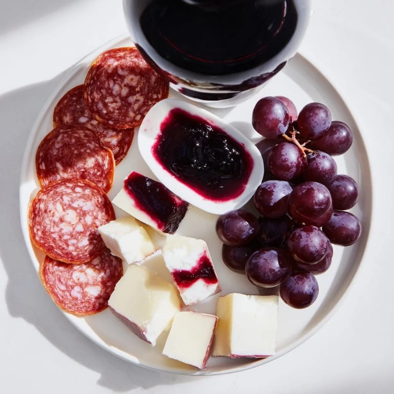 This dramatic Ruby Red Wine Stain Board arrangement features savory cheeses and vibrant red accents, ready to serve.
