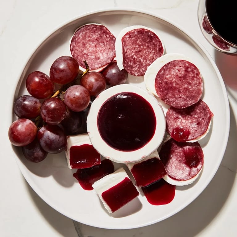 Enjoy a taste of this Ruby Red Wine Stain Board, beautifully showcasing wine-infused treats and charcuterie.