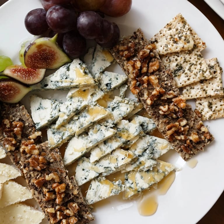 Artistic The Blue Ridge Mountains cheese platter, a stunning appetizer with blue cheese peaks, served with fresh grapes.