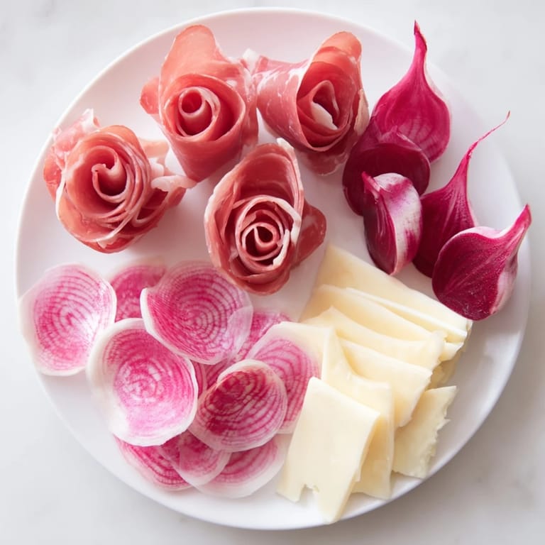 Delicate pink ingredients create a stunning Pink Petal Watercolor Wash appetizer, ready to serve with crackers and fruit.