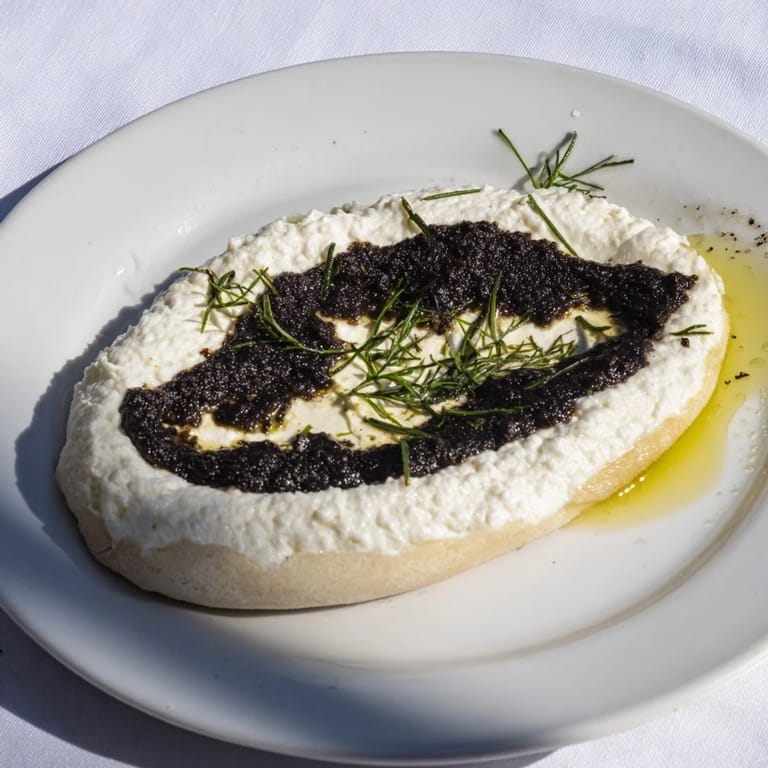 A beautifully presented Victorian Cameo appetizer: olive tapenade art atop smooth, creamy cheese medallions.