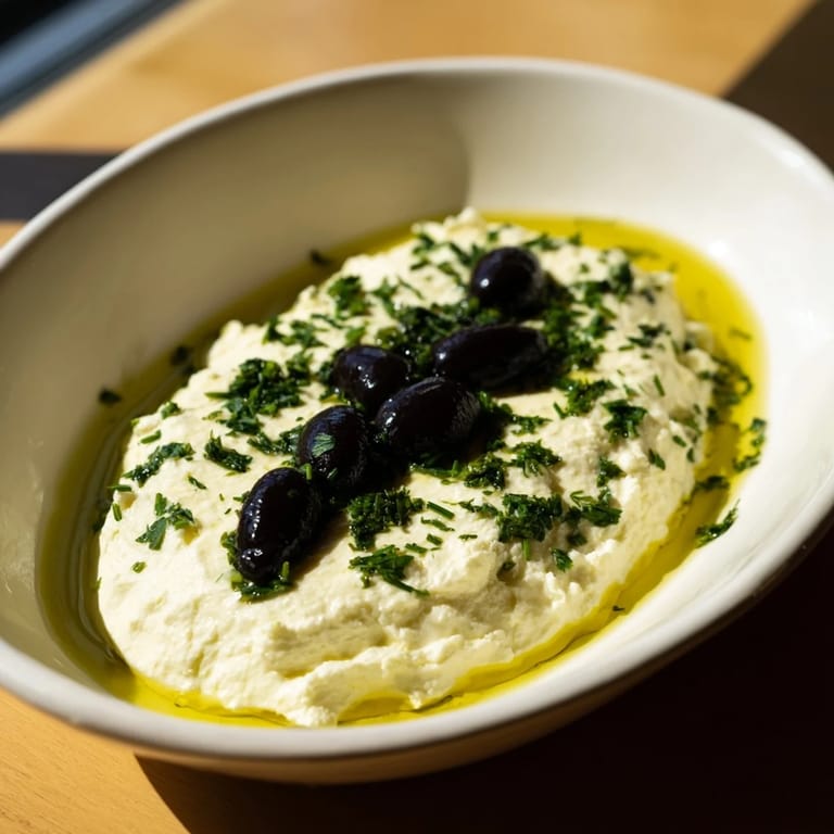 Ready-to-serve Victorian Cameo features oval goat cheese and vibrant olive tapenade, garnished with herbs.