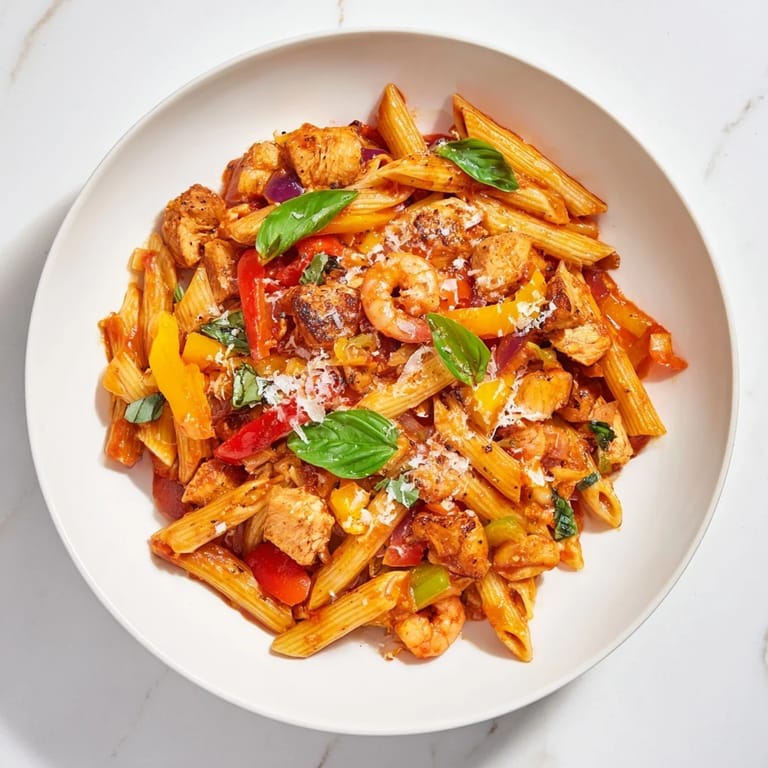 This photo depicts steaming One-Pot Diavola Pasta with shrimp, garnished with fresh basil and Parmesan cheese.