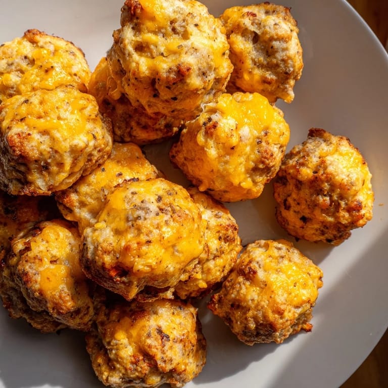 A close-up of delicious chicken and sausage Bisquick balls, perfectly baked and full of flavor.