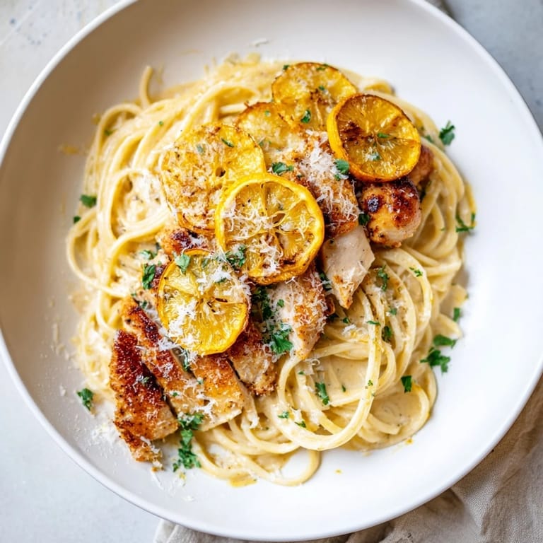 Tender Lemon Brûlée Chicken tops the creamy pasta, a savory twist on a dessert-inspired recipe.