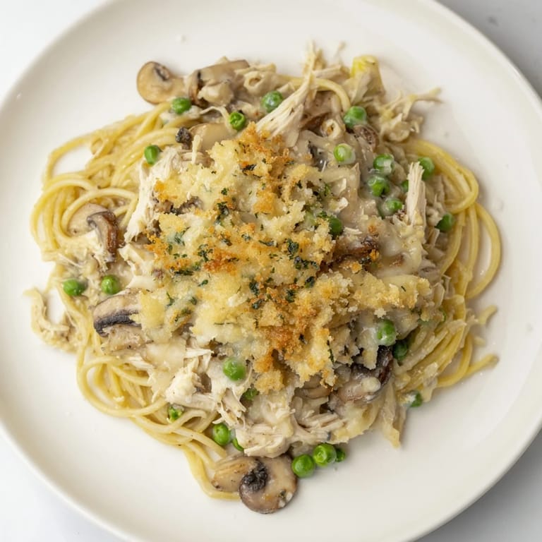 Creamy Turkey Tetrazzini casserole featuring chunks of tender turkey, mushrooms, and pasta, delightfully baked.