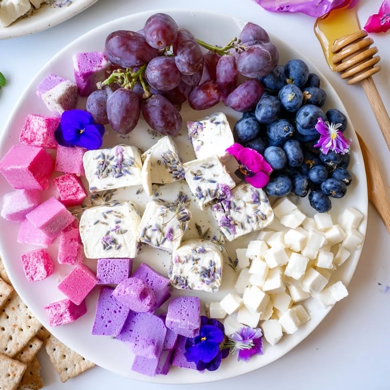 A beautifully arranged Lavender Haze Dreamscape cheese board featuring creamy cheeses, berries, and sweets ready to enjoy.