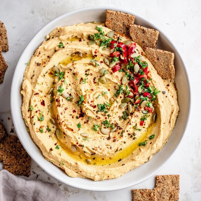 Enjoy the delicious Sandstone Canyon, a vegetarian appetizer with beautiful hummus and cracker layers ready to serve.