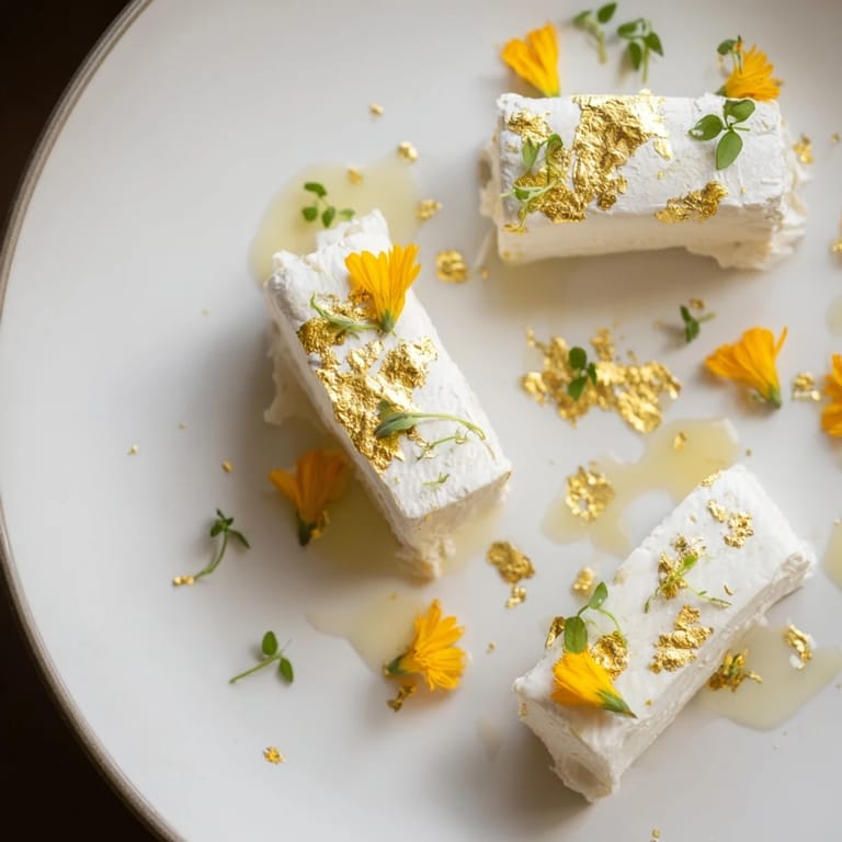 Elegant Gilded Lily appetizer: cheeses artfully arranged, sprinkled with gold and yellow flower garnishes.