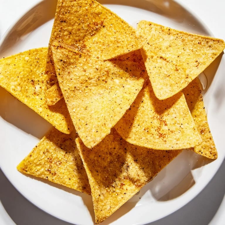 A close-up shot of seasoned homemade air fryer tortilla chips, lightly browned and inviting for a snack.