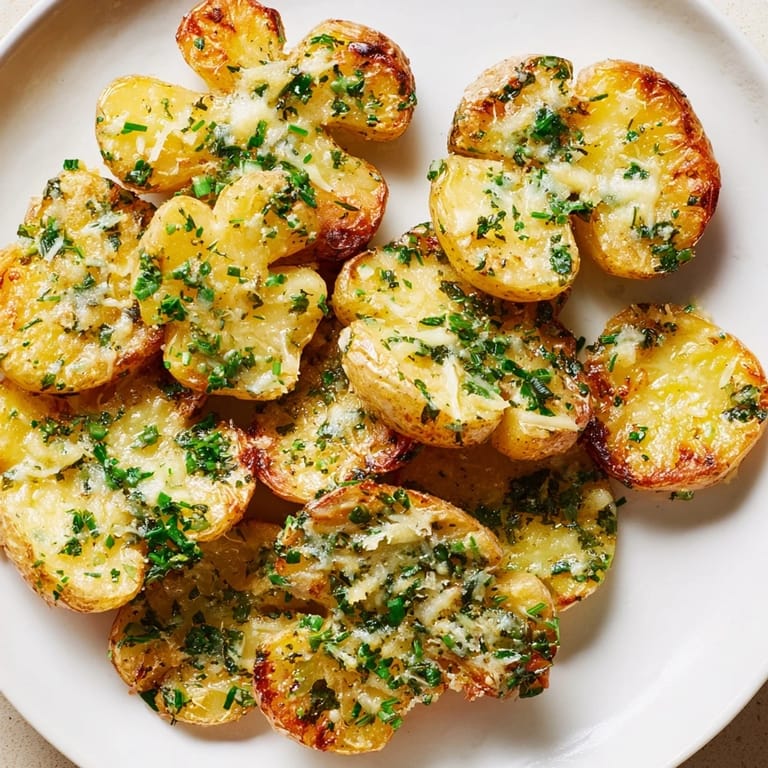 A close-up of garlic-herb Parmesan Smashed Potatoes, offering a delicious, irresistible side dish.
