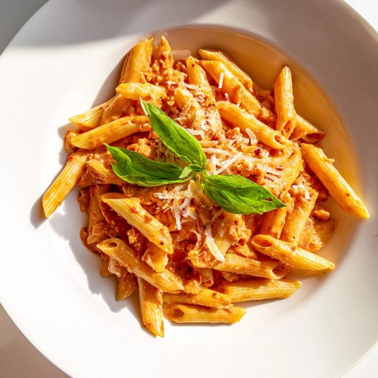 Close-up of the flavorful Basil Garlic One-Pot Creamy Tomato Pasta, showcasing creamy texture.