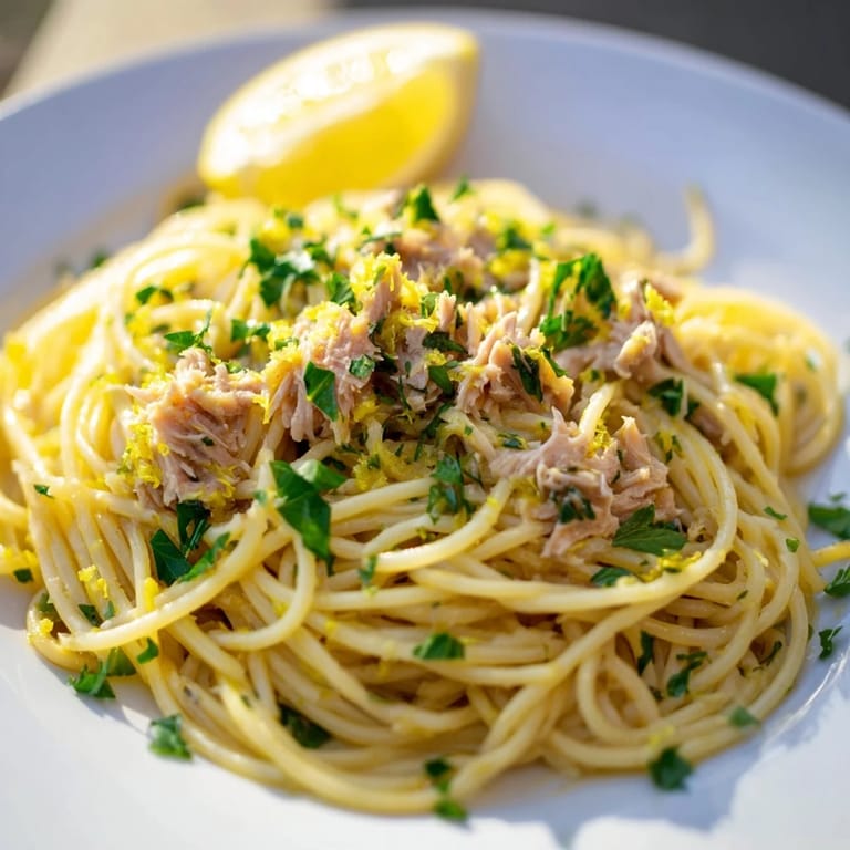 Bright photo of Lemon-Garlic Tuna Spaghetti, a fresh Italian pasta dish ready to eat.