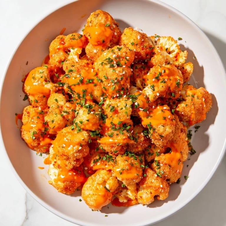 These flavorful Sriracha-Buffalo Cauliflower Bites look golden-brown and delicious, perfect for game-day snacking.