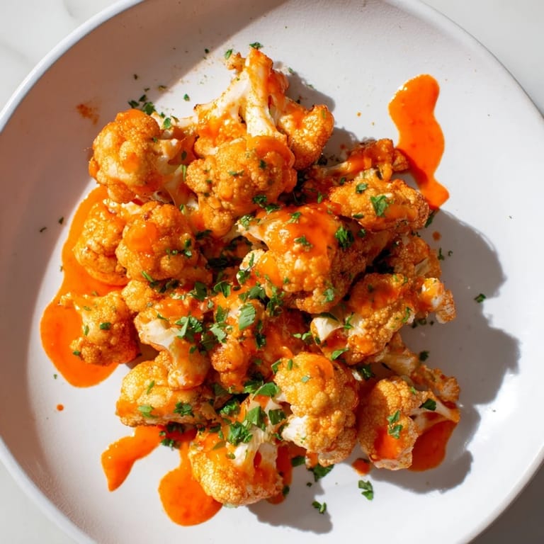 Tempting close-up of Sriracha-Buffalo Cauliflower Bites, showcasing their spicy glaze alongside fresh parsley.