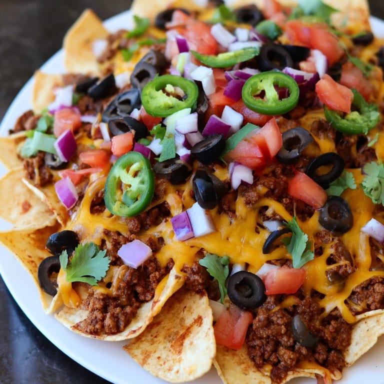 Oven-baked Easy Sheet-Pan Nachos, a visual treat with layers of cheese, beef, and colorful Tex-Mex fixings.