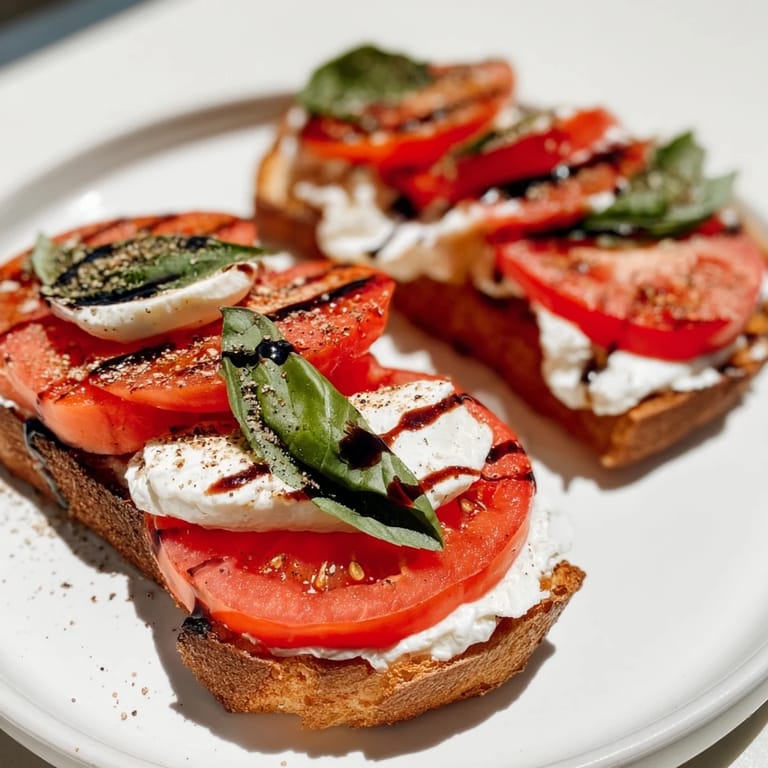 Enjoy the simple pleasure of Tomato Burrata Toast: olive oil, basil, and a perfect, crisp sourdough base.