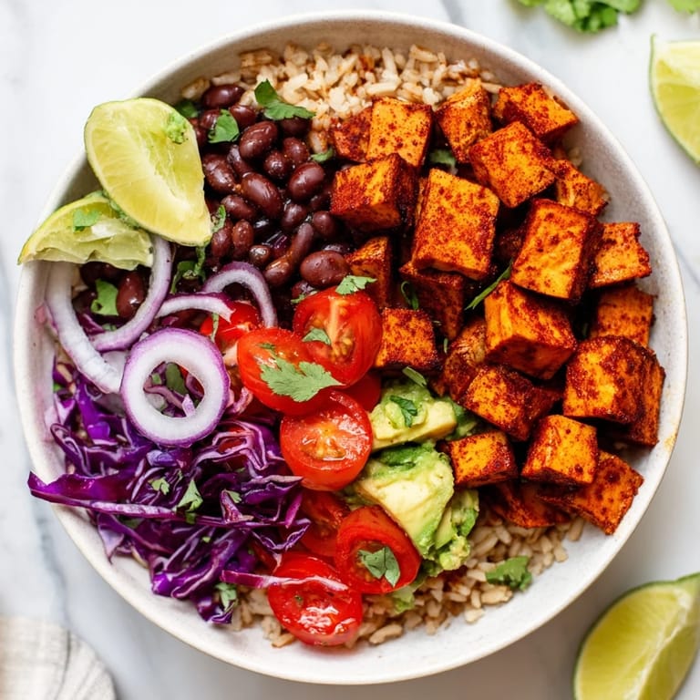 Vibrant sweet potato taco bowls, overflowing with roasted veggies, beans, and a creamy lime dressing.