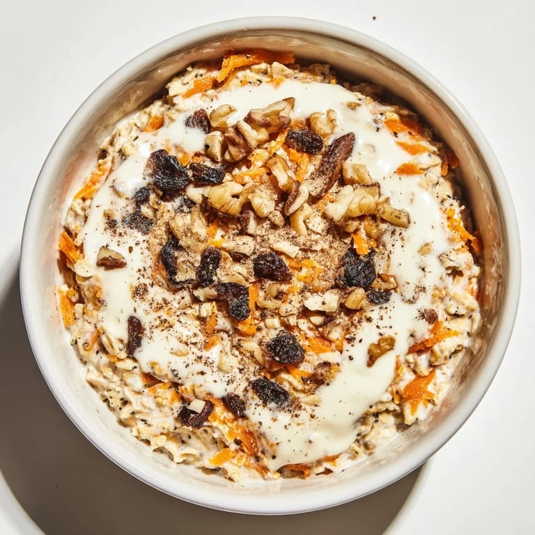 A spoonful of Carrot Cake Overnight Oats showing the perfect blend of creamy oats, spices, and nuts.