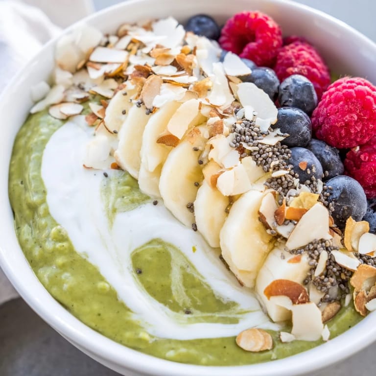 Enjoy a spoonful of refreshing, layered Matcha Overnight Oats in a clear glass jar.