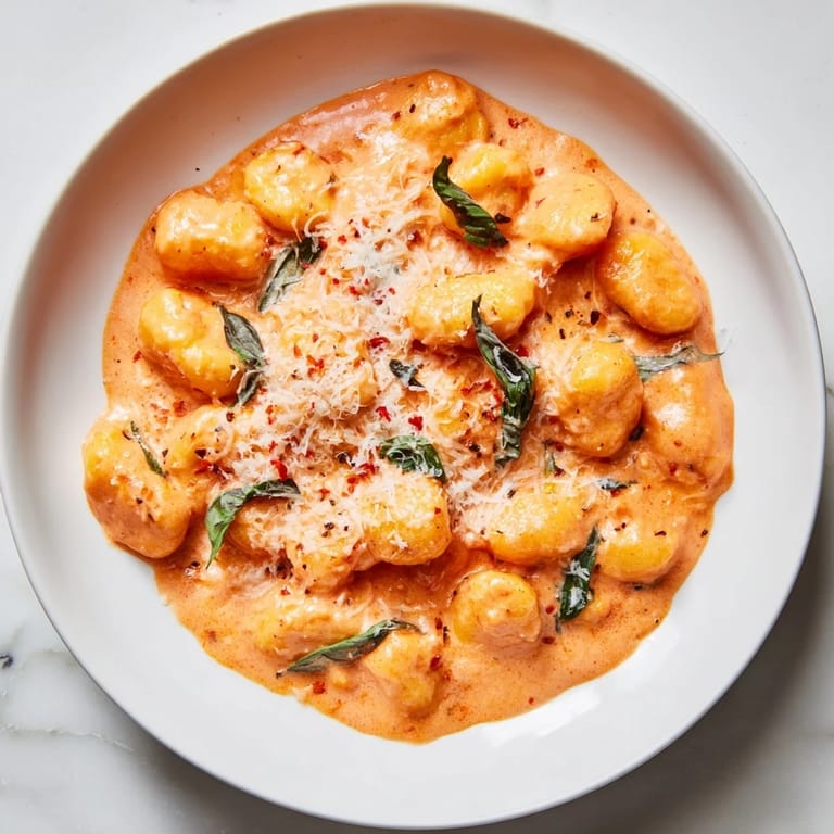 A bowl of Creamy Tomato Gnocchi, garnished with fresh basil and Parmesan cheese, tempting you!