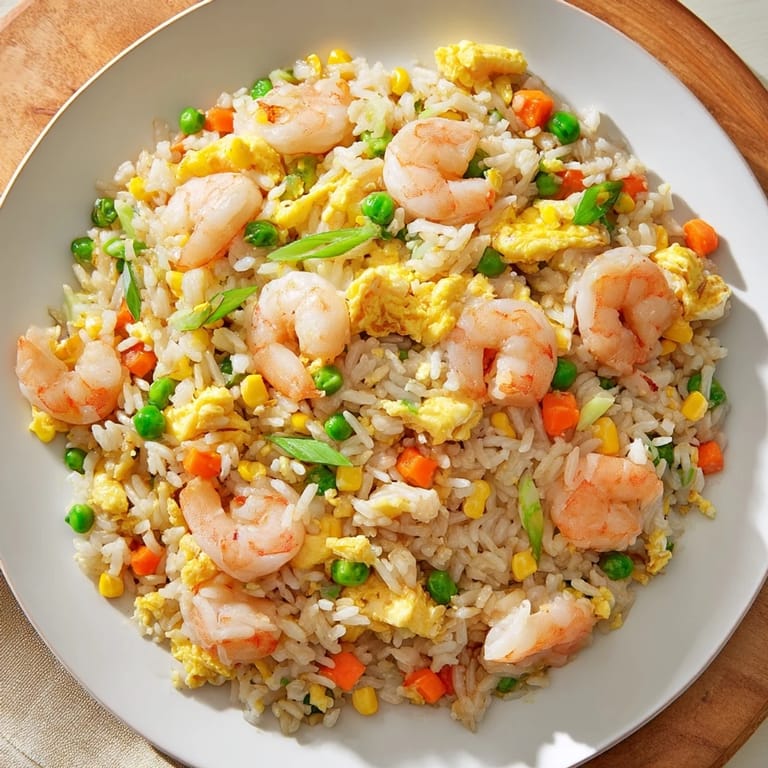 A delicious bowl of shrimp fried rice, fluffy rice and tender shrimp in a savory sauce.