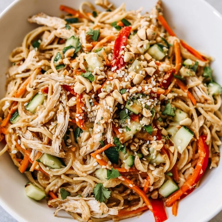 This vibrant Chilled Chicken Noodle Salad shows fresh cilantro and sesame seeds topping a cold dish.
