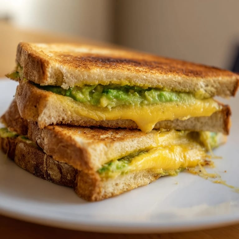 Savory Avocado Toast Grilled Cheese sandwich with warm, gooey cheese and satisfying textures for lunch.
