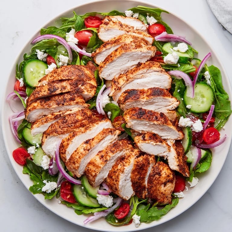 Close-up of Quick Pan-Seared Chicken Salad: perfectly cooked chicken atop a colorful, dressed salad.