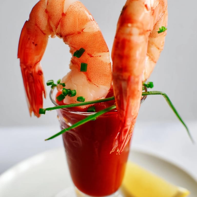 Homemade, zesty cocktail sauce complements the tender prawns in these stylish Retro Prawn Cocktail Shooters.