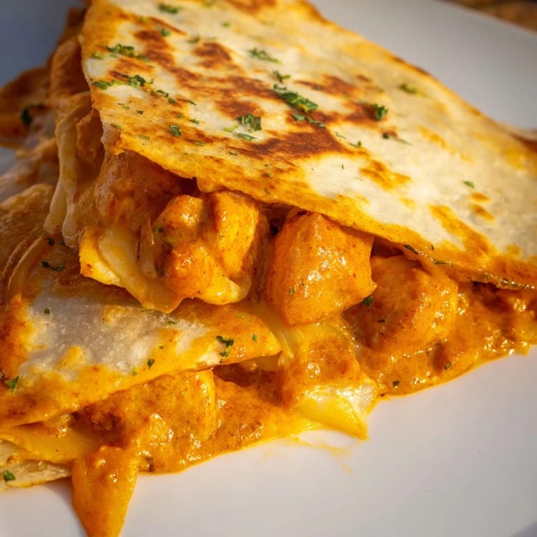 Crispy tortillas holding a rich butter chicken filling; a delicious Mexican-Indian quesadilla.