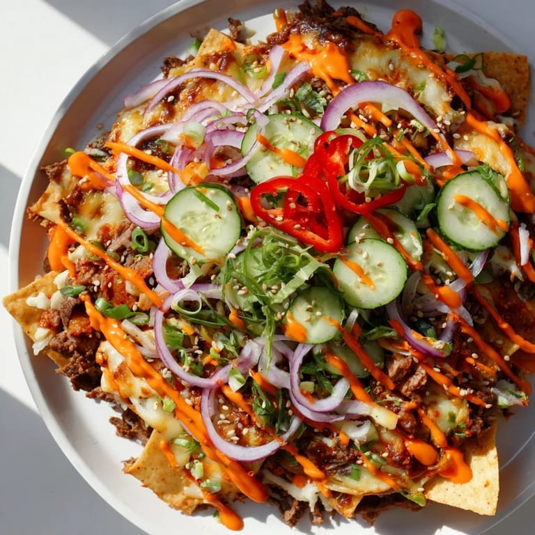 Golden, bubbly Korean BBQ Nachos with melted cheese and savory beef, served fresh from the oven.