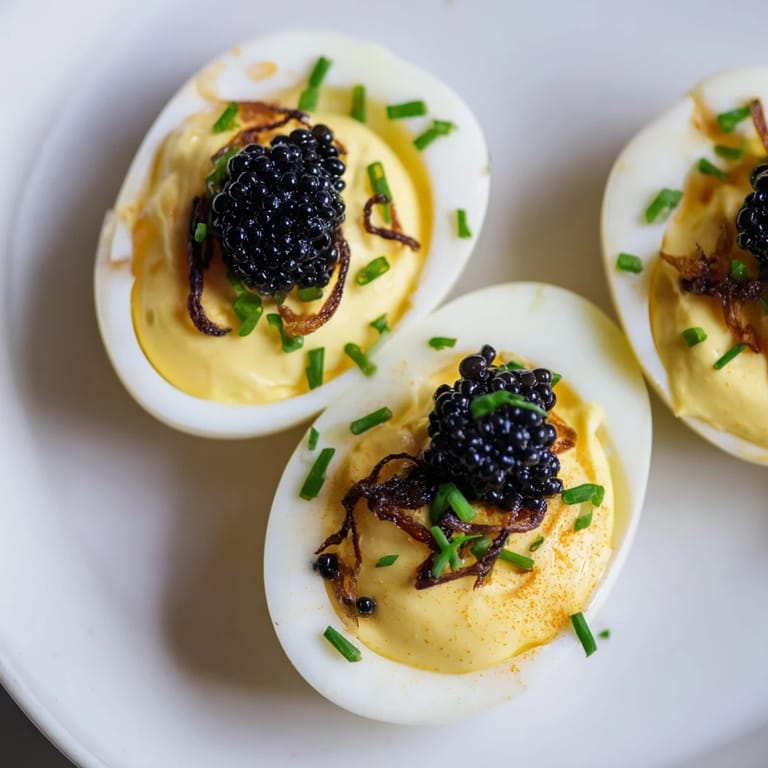Elegant deviled eggs with caviar: creamy yolks, salty caviar, and crispy shallots create flavor harmony.