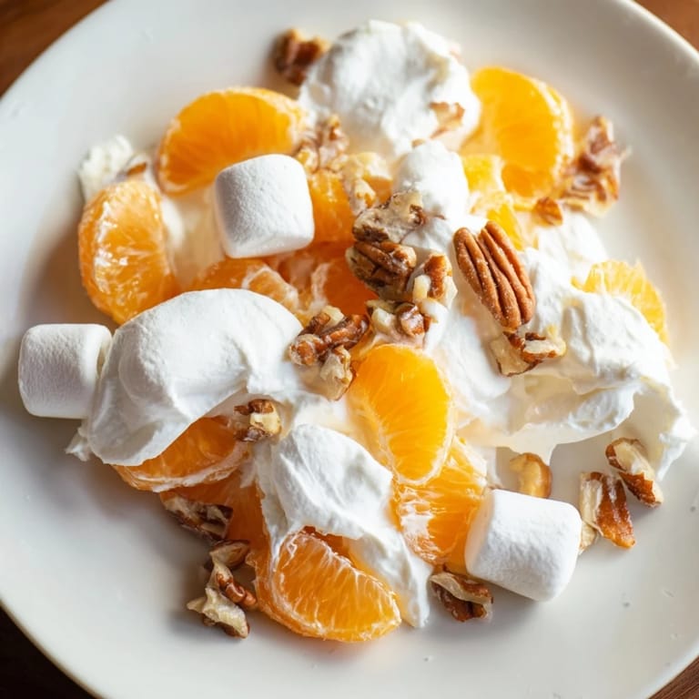 This refreshing bowl of Elevated Ambrosia Salad presents fluffy marshmallows and a creamy bourbon whipped topping.