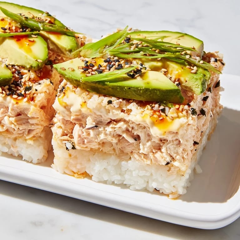 Overhead shot of a savory Sushi Bake Casserole, showcasing flaky salmon and nori squares, enticingly presented.