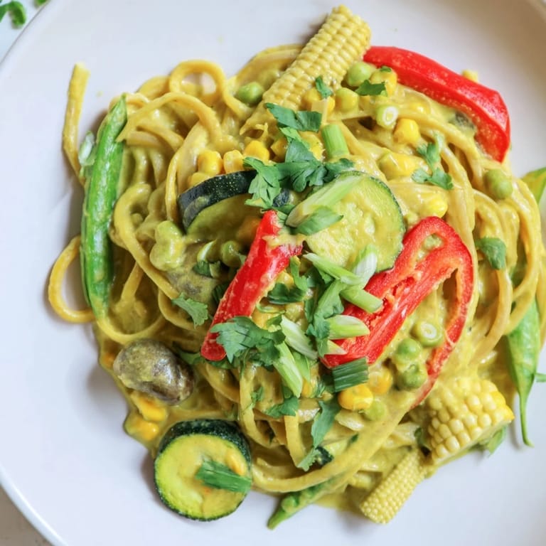 Close-up of vibrant Thai Curry Pasta, showing pasta and vegetables swimming in rich green curry.