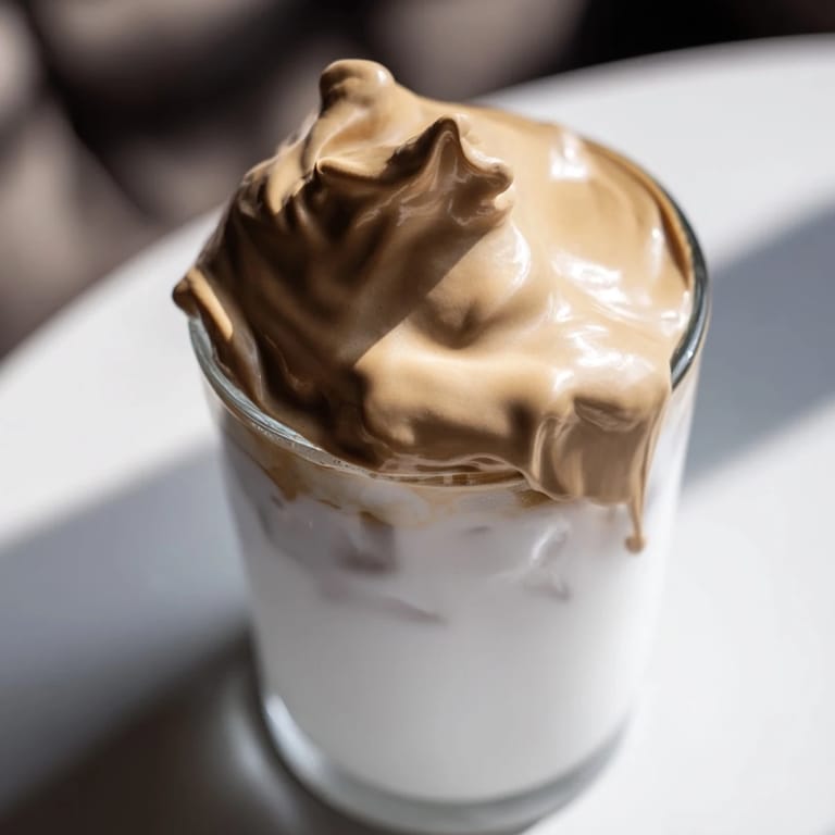 Enjoy homemade Dalgona coffee, a frothy Korean-inspired drink layered in a clear glass for a café-style treat.